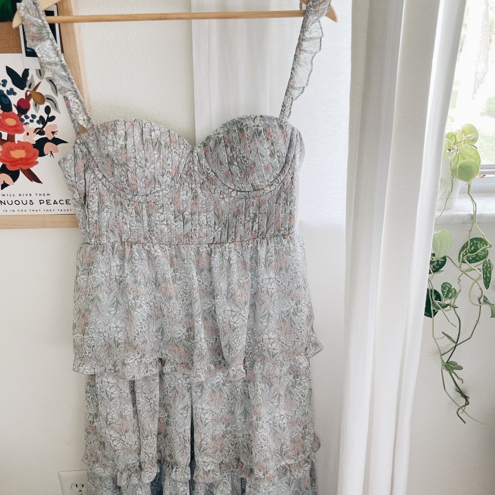 ASTR THE LABEL | flutter strap floral tiered maxi dress light blue